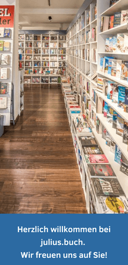 Eine lange Reihe mit Buchregalen aus dem Inneren der Buchhandlung