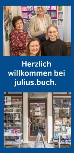 Es ist das Foto von 4 Frauen zu sehen, von jung bis alt, die freundlich lächeln, im Hintergrund sieht man ein Bücherregal. Auf dem unteren Bild sieht man eine Buchhandlung von außen, die Schaufenster. 