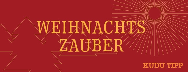 Reduzierte grafische, dunkelrote Gestaltung mit Tannen und einem strahlenden Licht, per Klick landet man bei Geschenkbüchern für Weihnachten